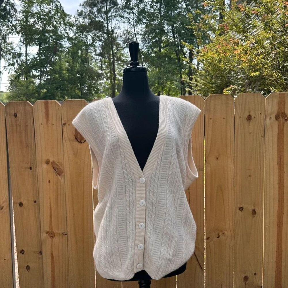 Fall Oversized Cream Cable Knit Sweater Vest V-Neck Button Front Cardigan